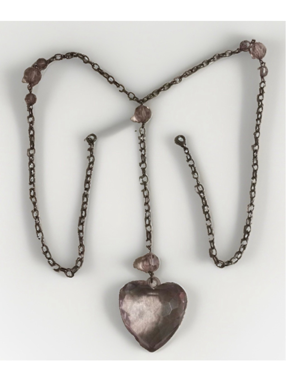 Vintage Gunmetal Link Chain Pink Faceted Heart Pendant 28" Necklace Gothic